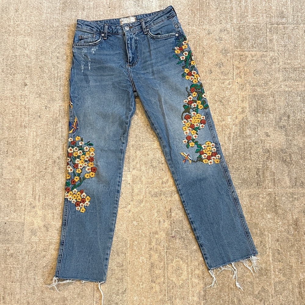 Free People Blue Jeans with Floral Embroidery